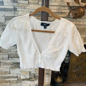 Women’s Cotton Cropped Cardigan Sweater White V Neck Short Sleeve Medium Y2K
